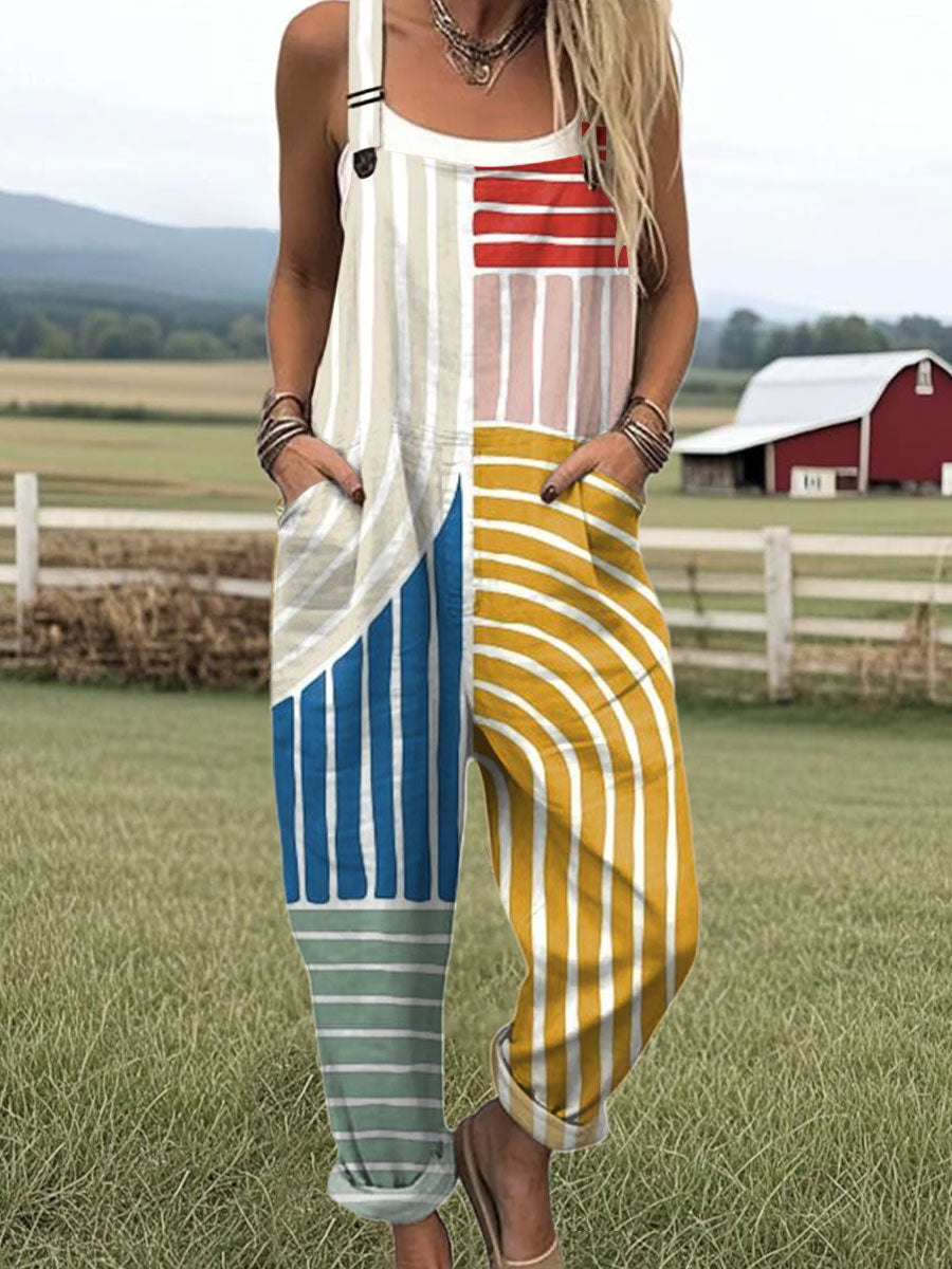 Women's Vintage Abstract Geometric Art Print Casual 100% Cotton Wide Leg Jumpsuit