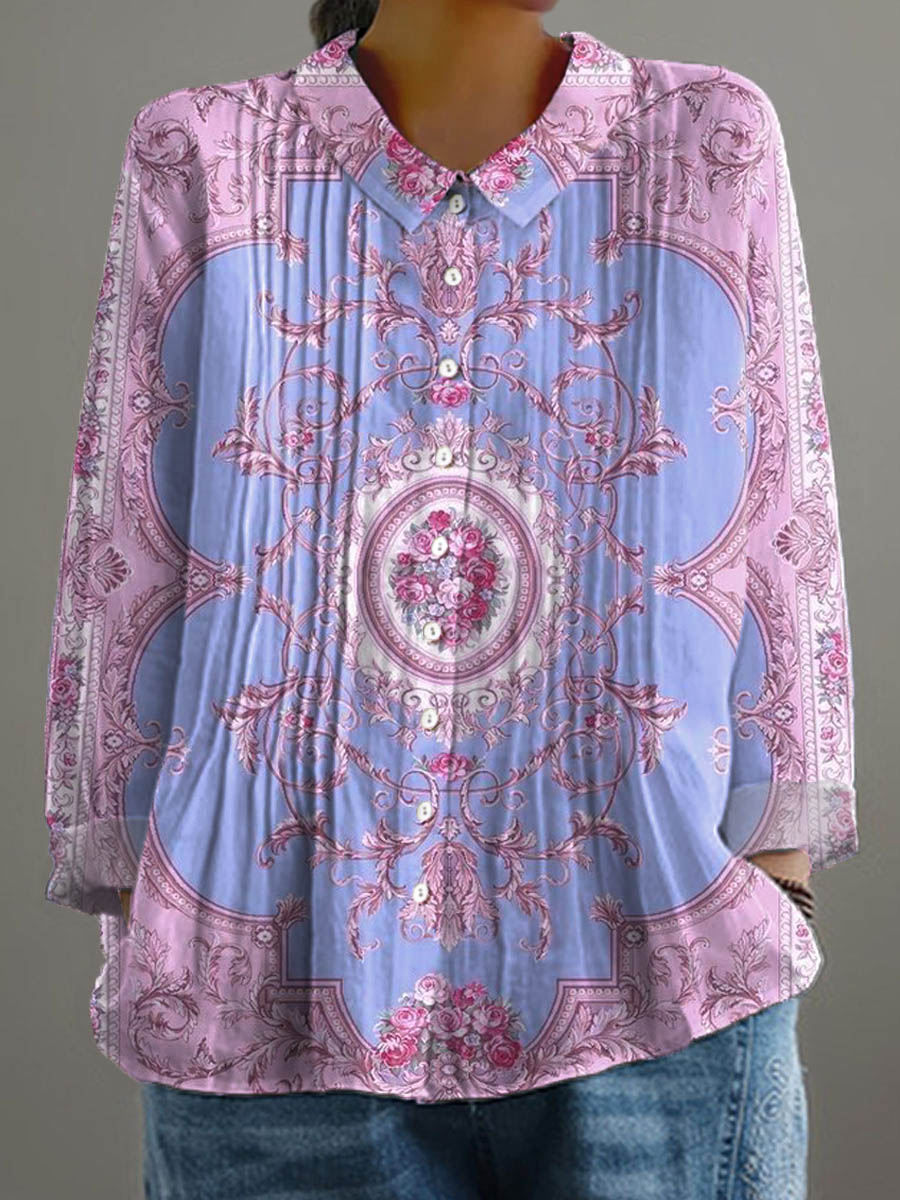Women's Vintage Floral Art Print Casual Cotton And Linen Ruffle Shirt