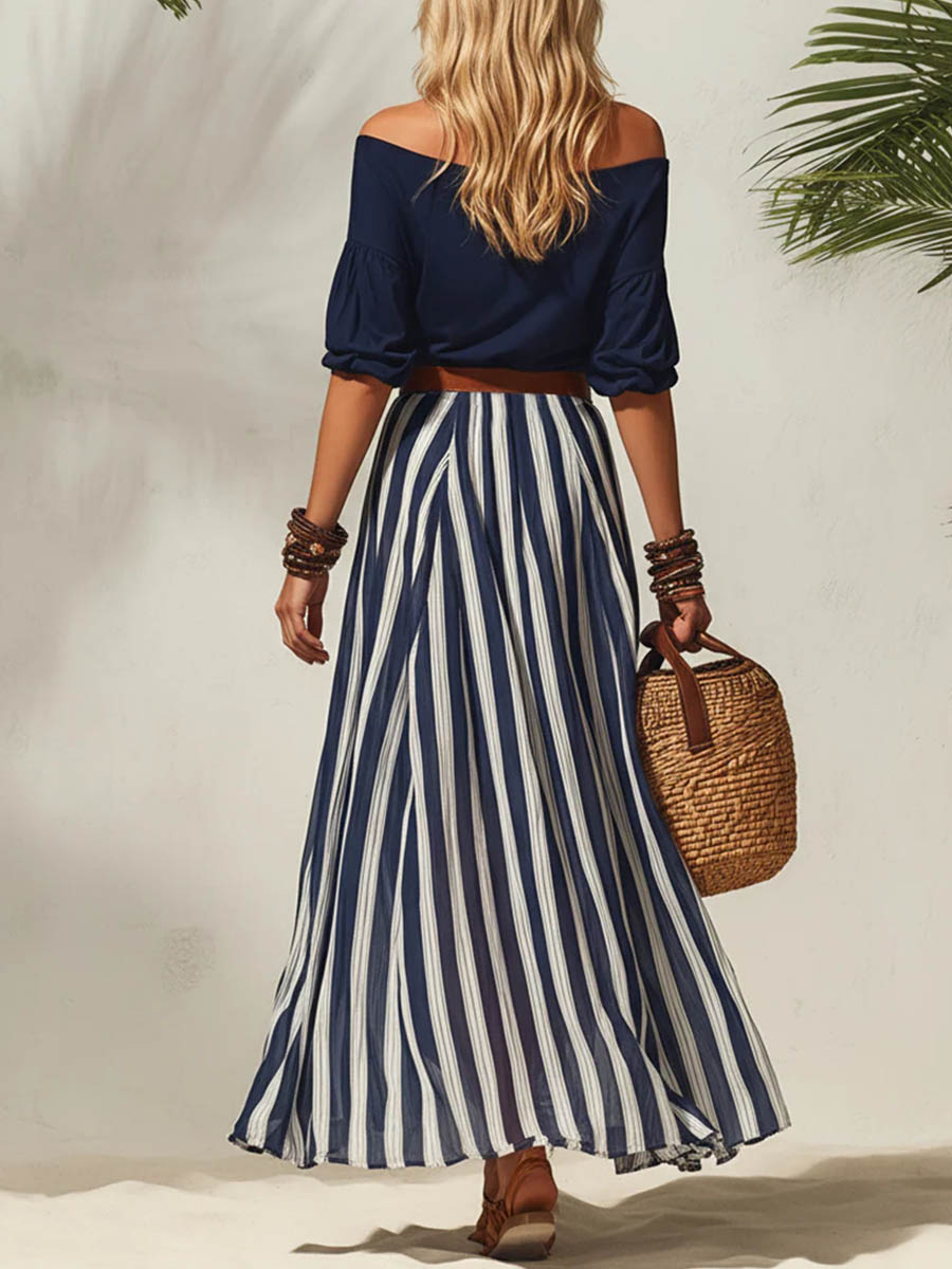 Women's Off-shoulder 3/4-sleeve Casual Top & High-waisted Skirt Cotton Set