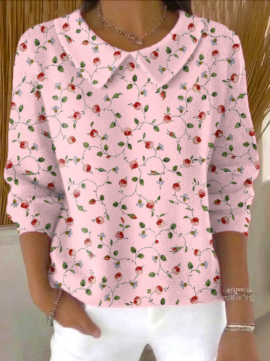 Women's Lovely Floral Art Print Casual Peter Pan Collar 3/4 Sleeve Sweater