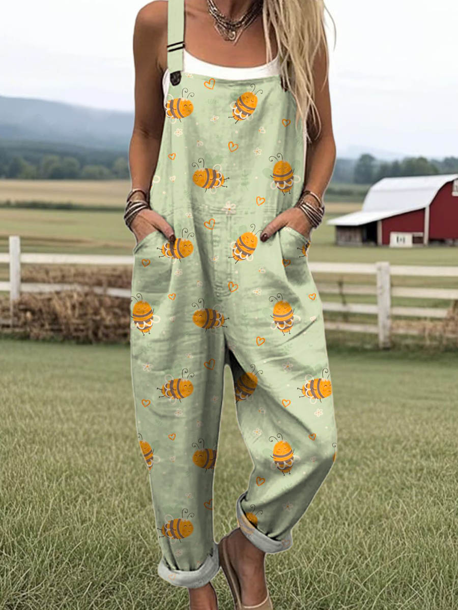 Women's Lovely Bees Art Print Casual 100% Cotton Wide Leg Jumpsuit