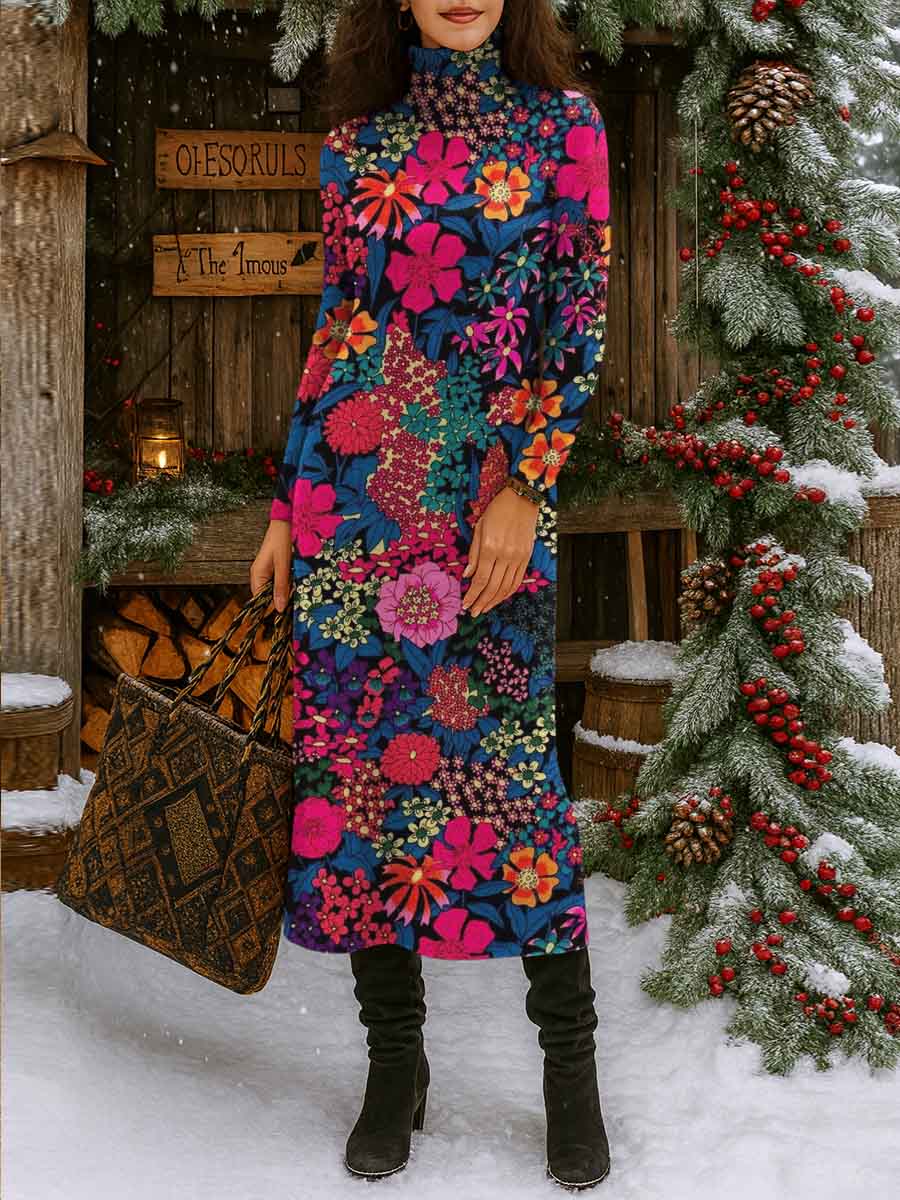 Women's Floral Print Turtleneck Long Sleeve Casual Loose Knit Dress