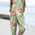 Women's Vintage Floral Art Print Casual 100% Cotton Wide Leg Jumpsuit