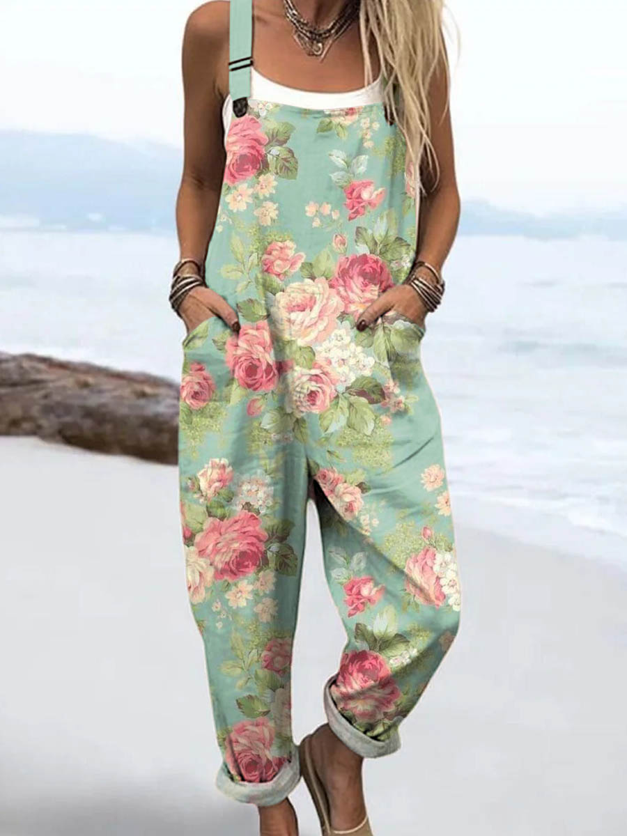 Women's Vintage Floral Art Print Casual 100% Cotton Wide Leg Jumpsuit