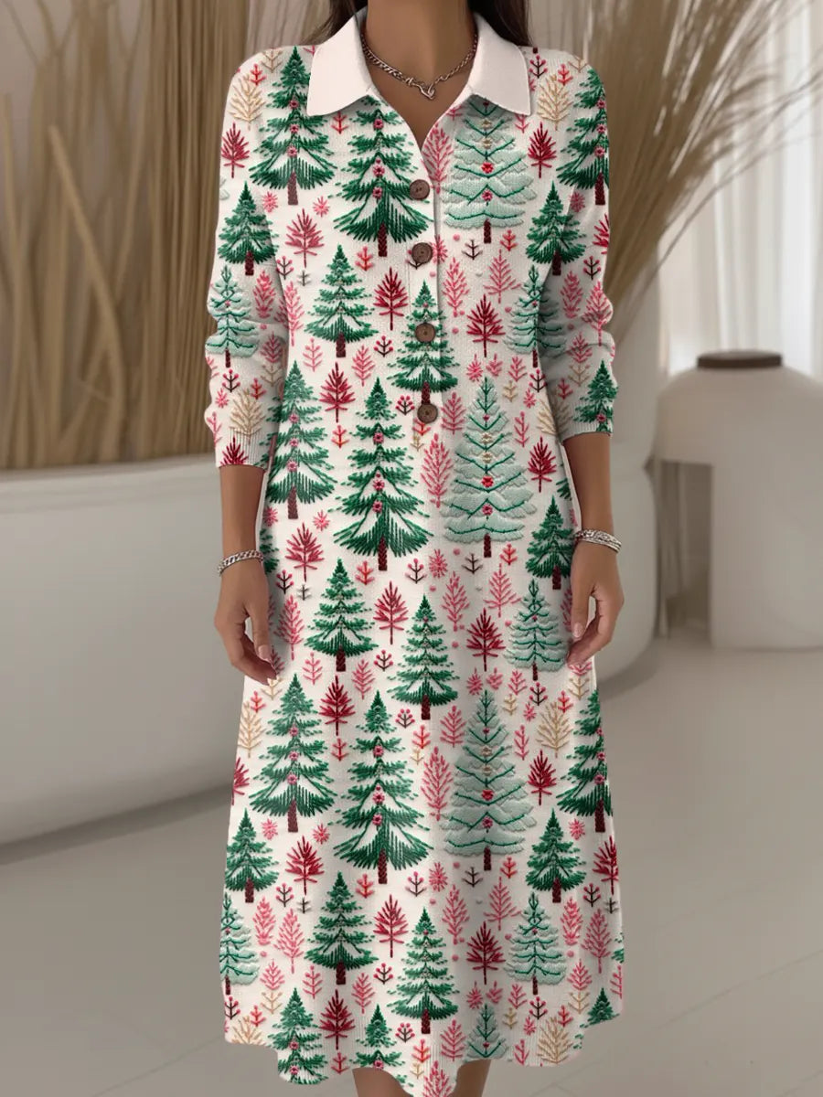 Women's Christmas Tree Pattern Art Print Casual Knitted Dress