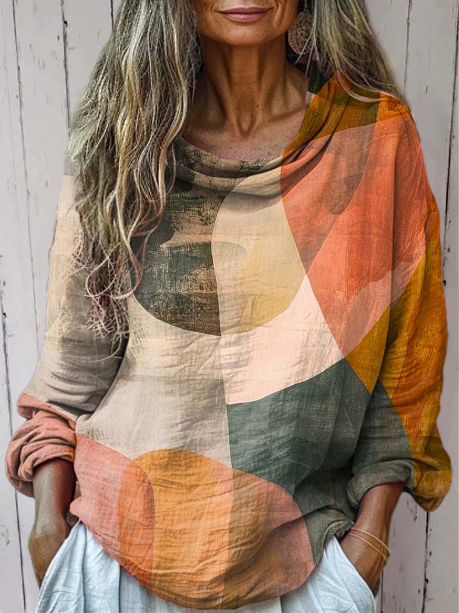 Women's Geometric Pattern Art Print Casual Long Sleeve Comfortable Cotton Shirt