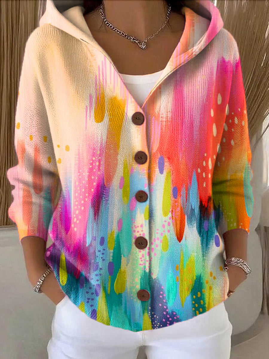 Women's Beautiful Colorful Paint Graffiti Painting Art Print Casual Hooded Button Sweater