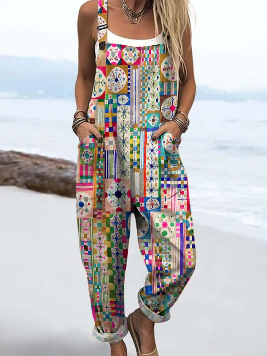 Women's Abstract Geometric Pattern Art Print Casual 100% Cotton Wide Leg Jumpsuit