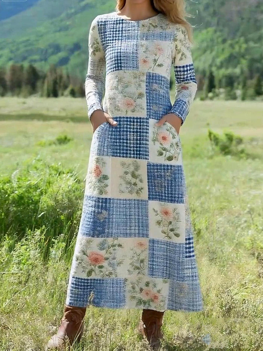 Women's Textured Floral Plaid Patchwork Print Stretch Dress