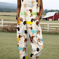 Women's Vintage Cute Dog Dachshund Art Print Casual 100% Cotton Wide Leg Jumpsuit