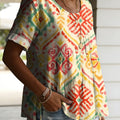 Women's Vintage Floral Pattern Casual Art Print Round Neck Cotton Linen Loose Short-sleeved Shirt