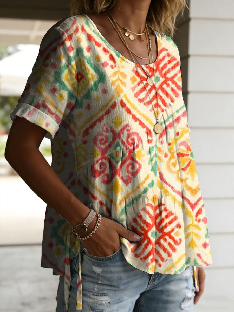Women's Vintage Floral Pattern Casual Art Print Round Neck Cotton Linen Loose Short-sleeved Shirt