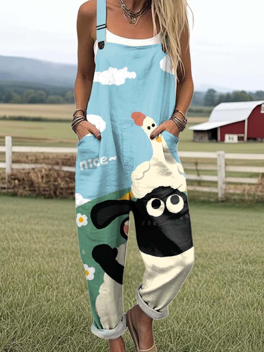Women's Funny Sheep Art Print Casual 100% Cotton Wide Leg Jumpsuit