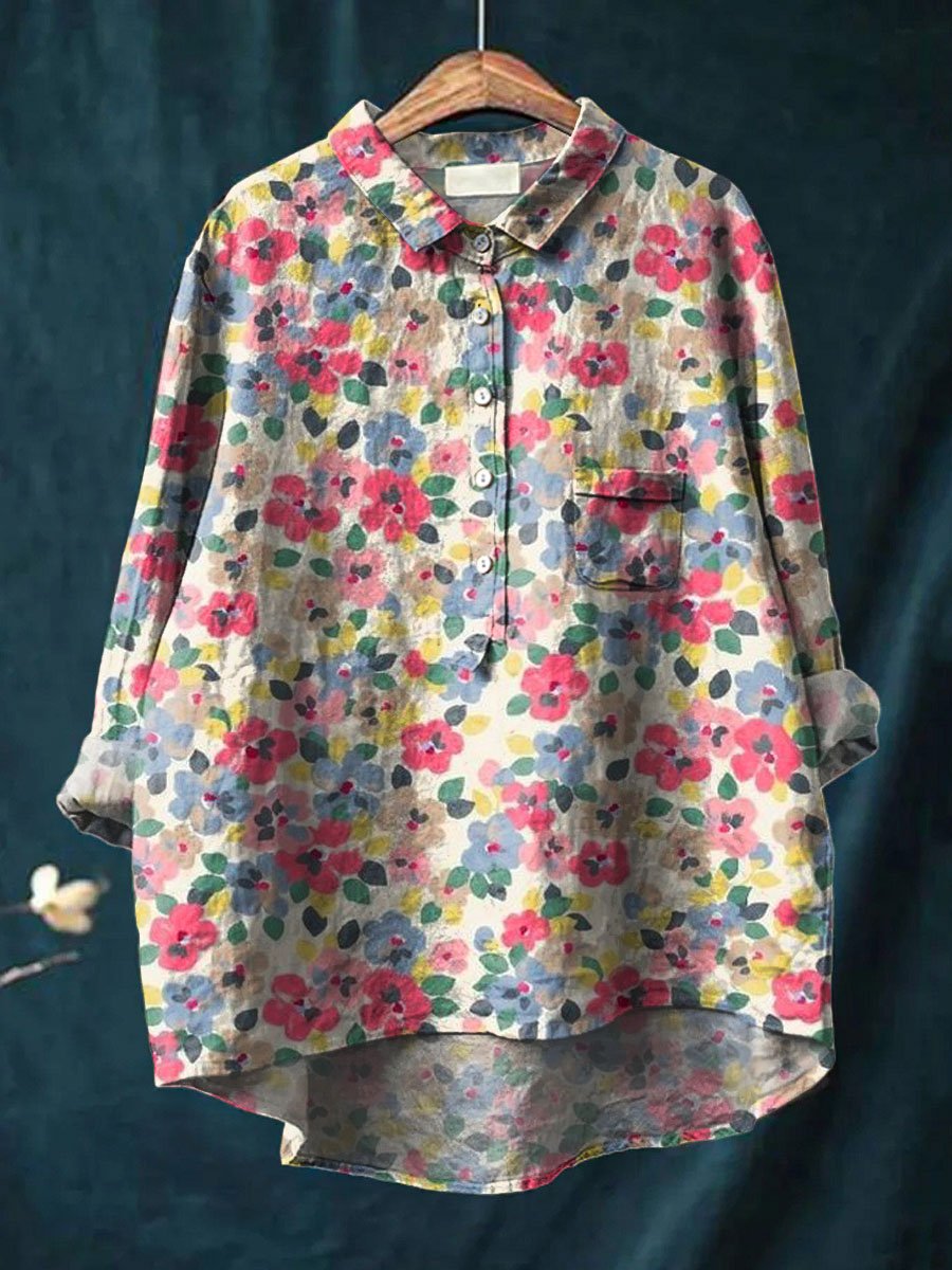 Women's Vintage Floral Art Print Casual Cotton And Linen Shirt