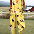 Women's Fashion Bee Art Print Casual 100% Cotton Wide Leg Jumpsuit
