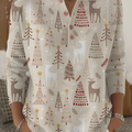 Women's Cute Elk Cedar Print Henley Neck Sweater Top