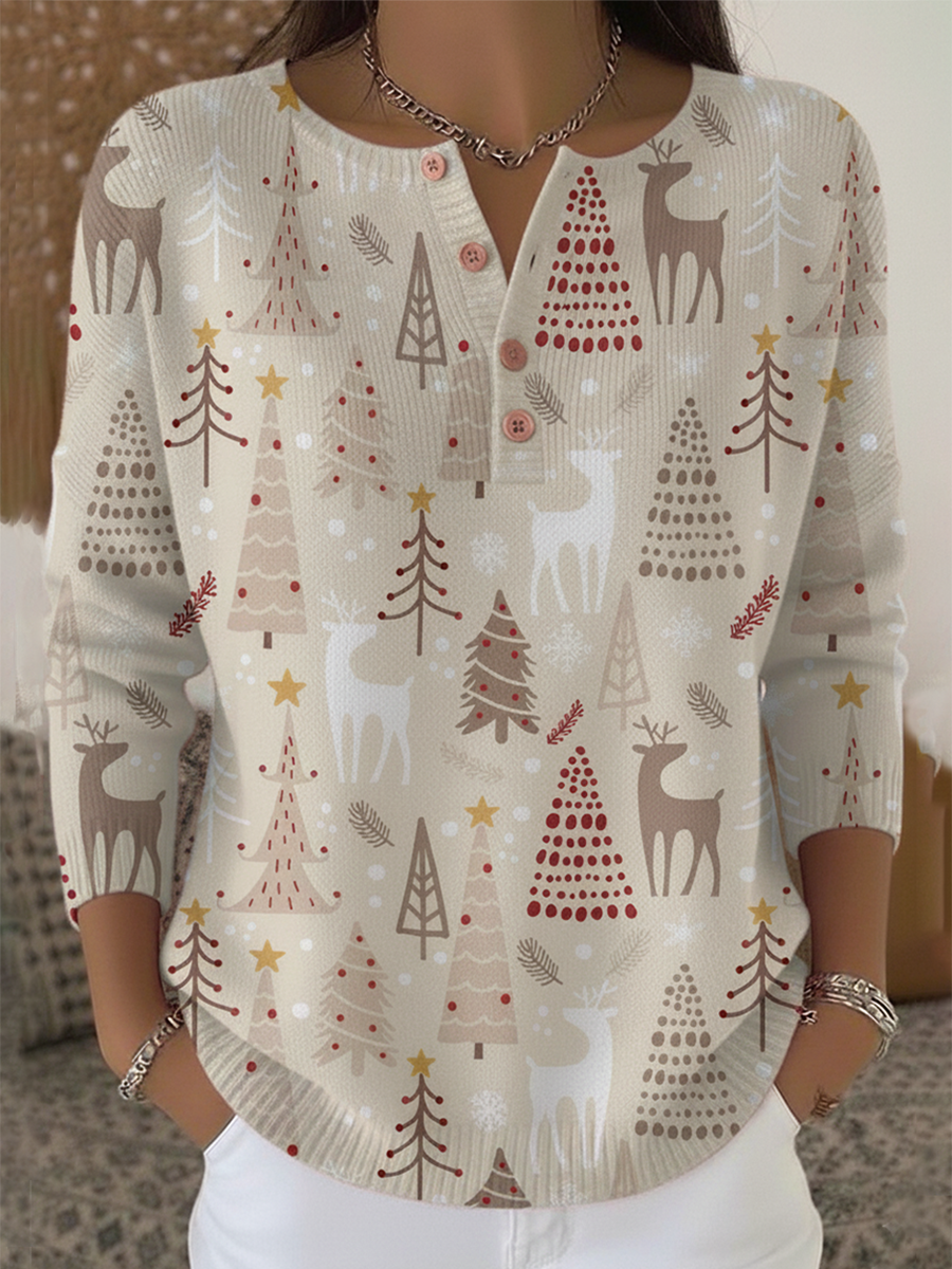 Women's Cute Elk Cedar Print Henley Neck Sweater Top