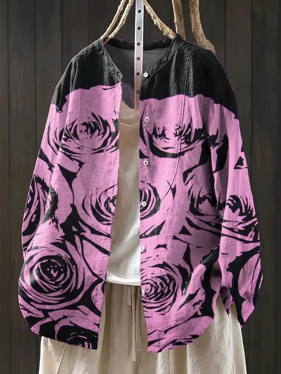 Women's Vintage Floral Art Print Casual Cotton And Linen Shirt
