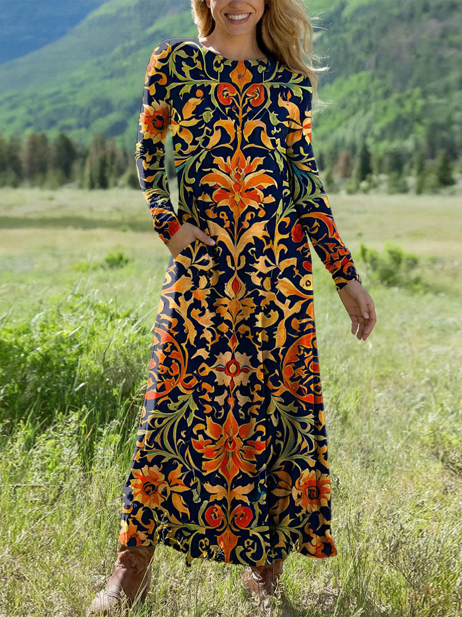 Women's Vintage Flower Art Printed Long-sleeved Casual Dress