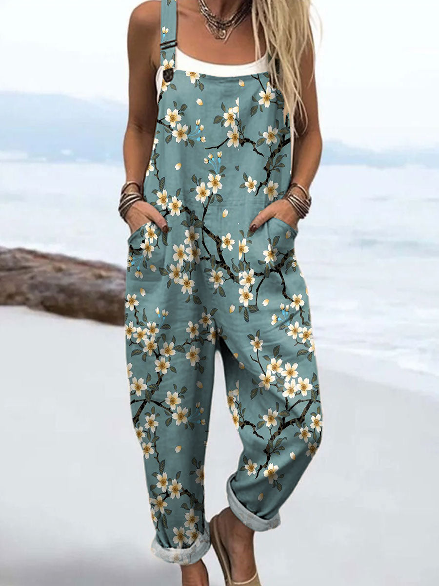 Women's Vintage Flower Art Print Casual 100% Cotton Wide Leg Jumpsuit