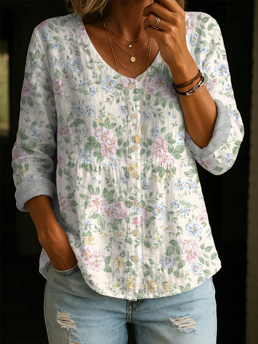 Artistic Floral Print Cotton Shirt -Women's Elegant, Casual, Soft Cotton Top