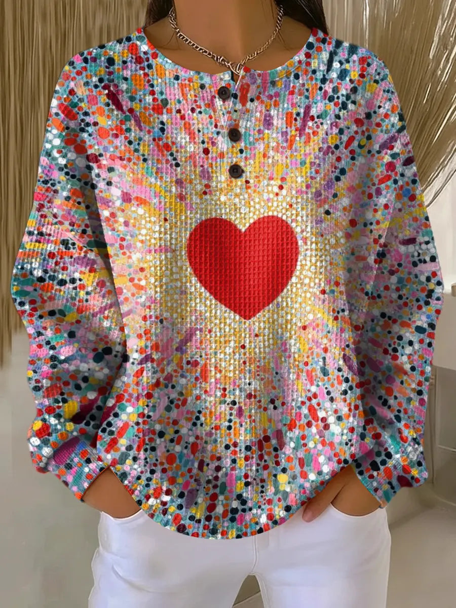 Women's Colorful Dotted Hearts Print Casual Cotton Shirt