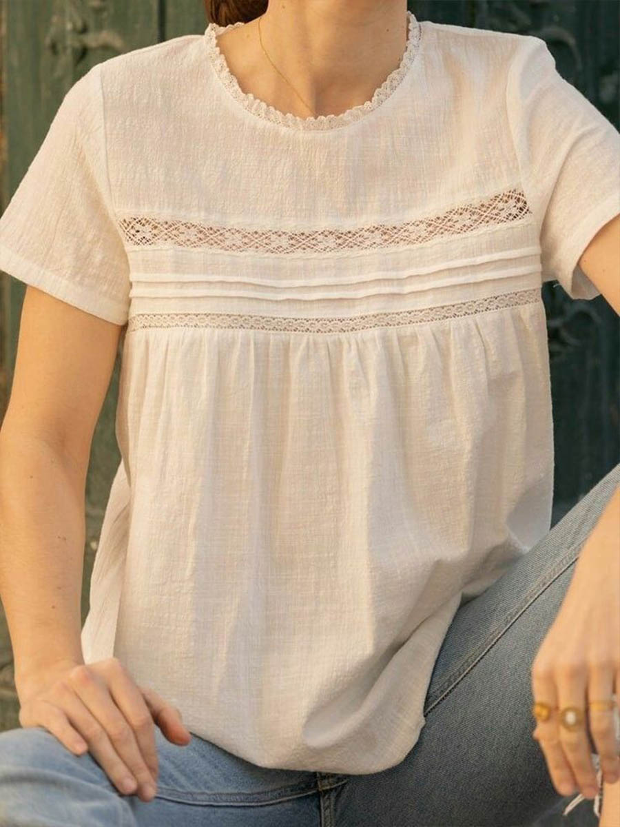 Women's Solid-color Round-neck Short-sleeve Loose-fit Cotton-linen Top