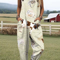 Women's Fun Farm Animals Print Casual 100% Cotton Wide Leg Jumpsuit