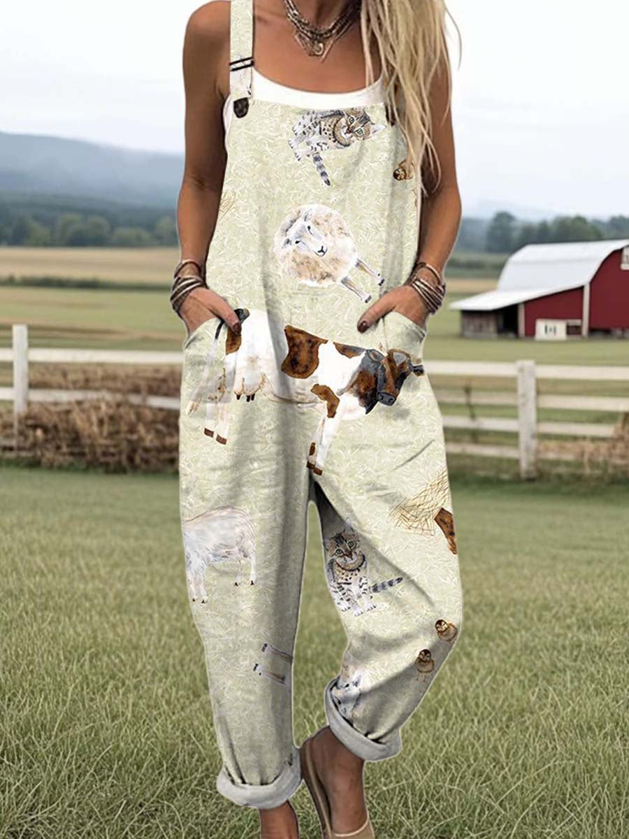 Women's Fun Farm Animals Print Casual 100% Cotton Wide Leg Jumpsuit