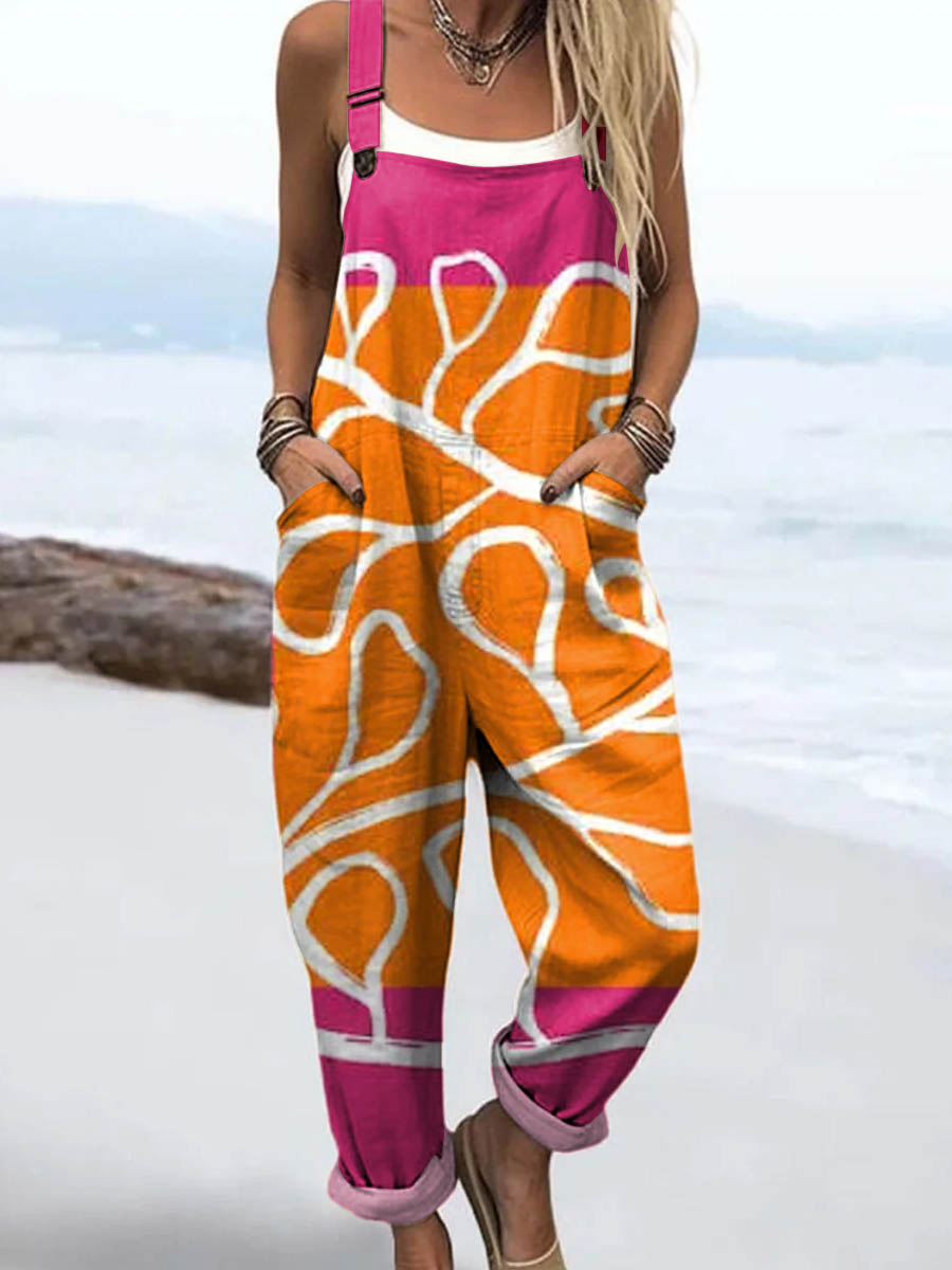 Women's Abstract Pattern Art Print Casual 100% Cotton Wide Leg Jumpsuit