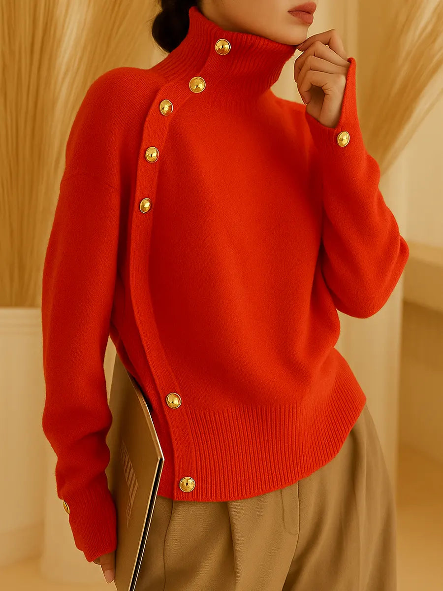 Women's Solid Color Turtleneck Long Sleeve Casual Button Loose Knit Top