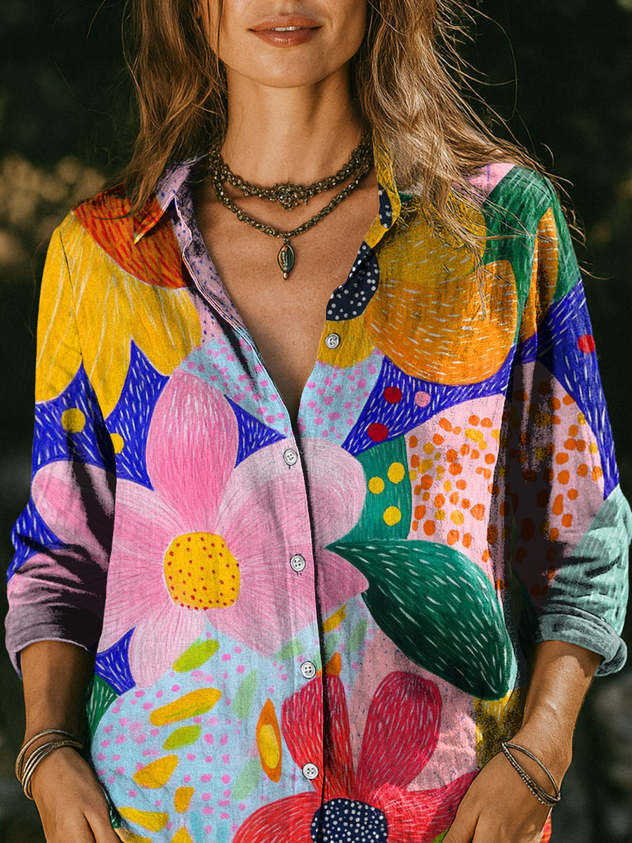 Women's Multicolor Floral Flowers Print Casual Cotton Shirt