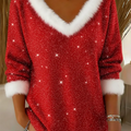 Women's Christmas V-neck Faux Rabbit Fur Sweater Top