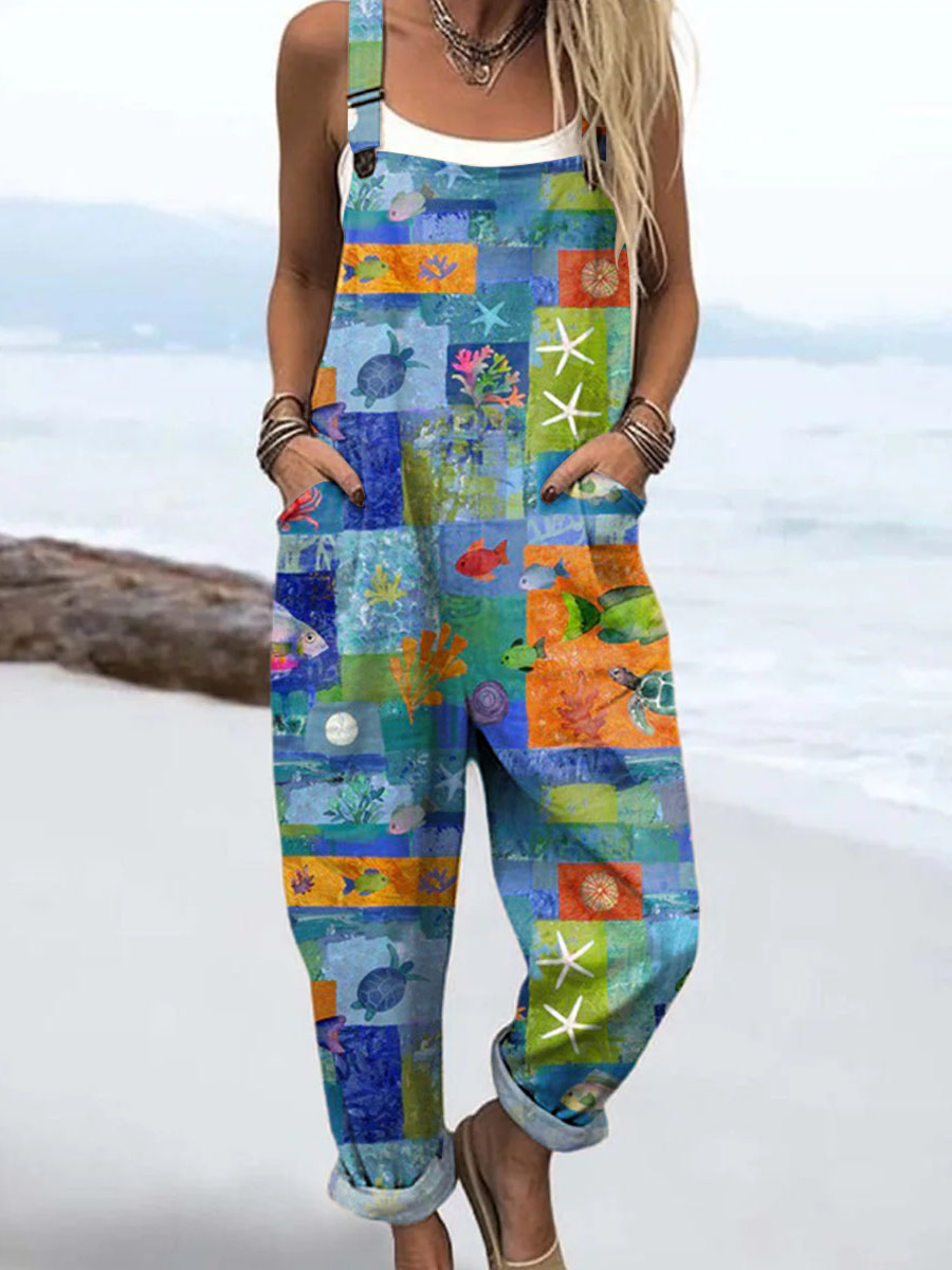 Women's Ocean of Artistic Creativity Print Casual 100% Cotton Wide Leg Jumpsuit