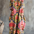 Women's Vintage Floral Art Pattern Print Pocket V-neck Cotton Dress