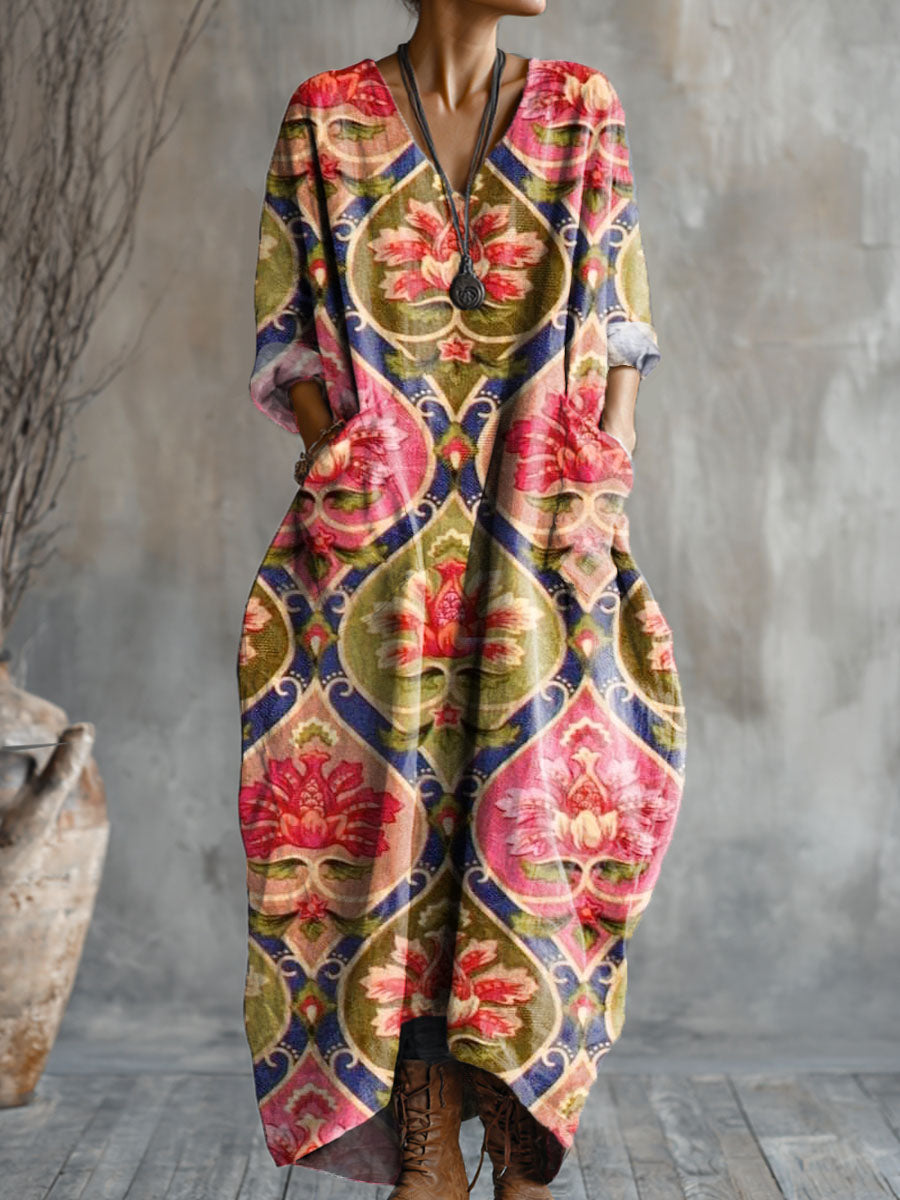 Women's Vintage Floral Art Pattern Print Pocket V-neck Cotton Dress