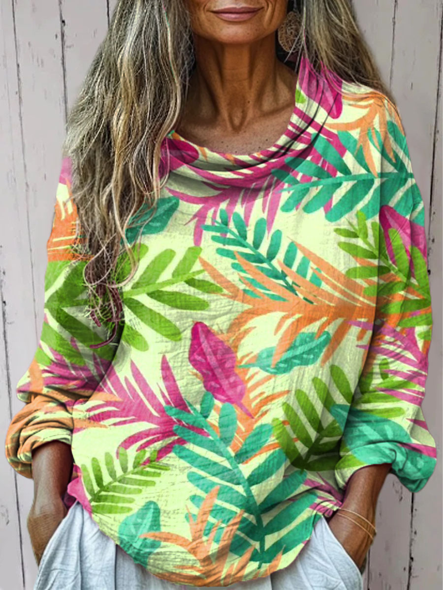 Women's Tropical Leaves Print Casual Long Sleeve Comfortable Cotton Shirt