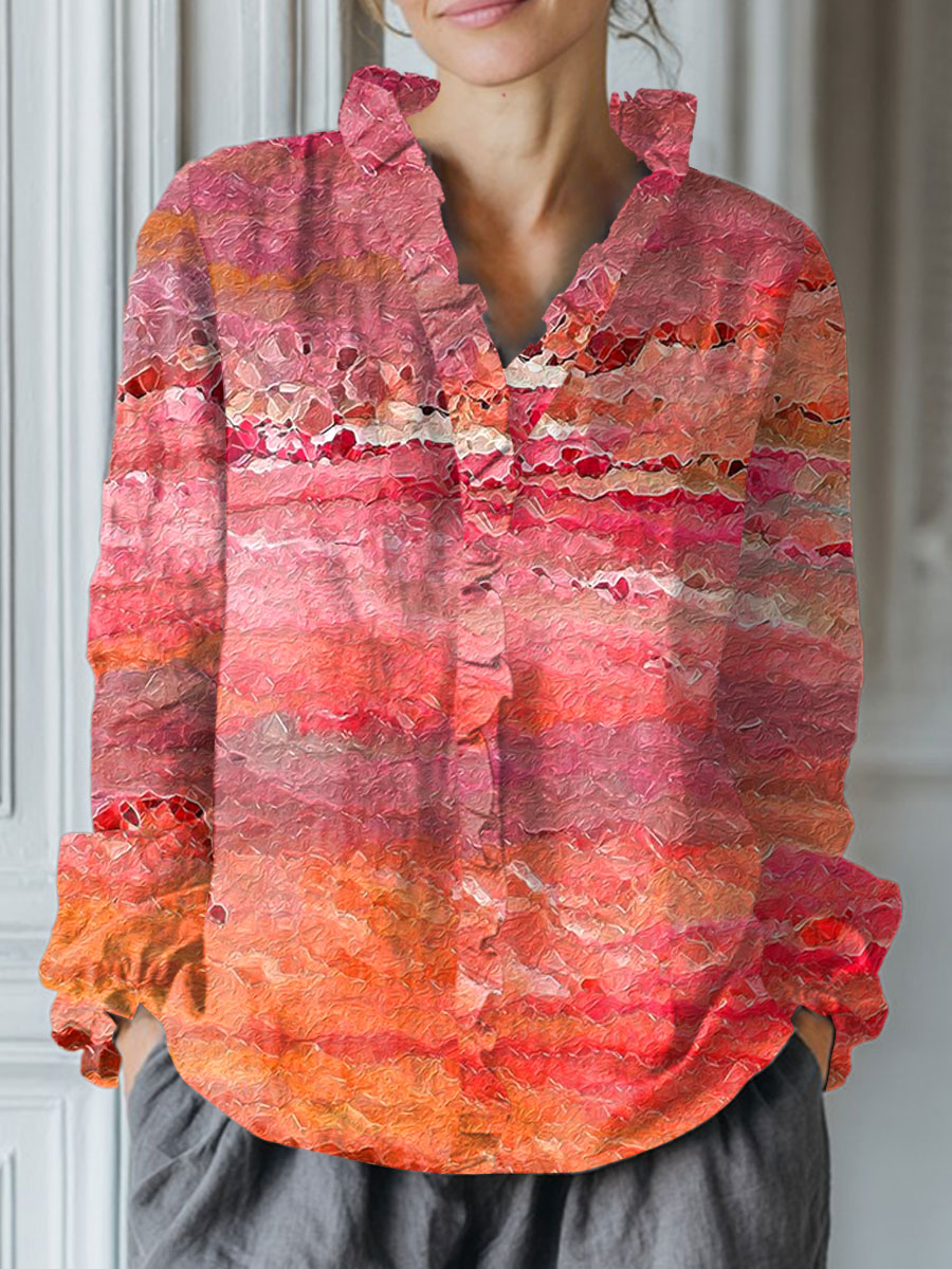 Women's Vintage Gradient Art Print Casual Cotton And Linen Ruffle Shirt