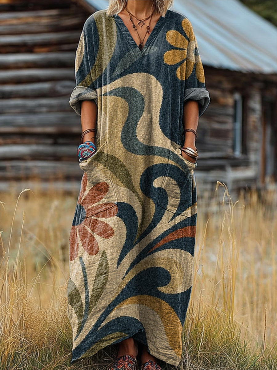 Women's Beautiful Vintage Abstract Floral Painting Art Print Pocket V-neck Cotton Dress