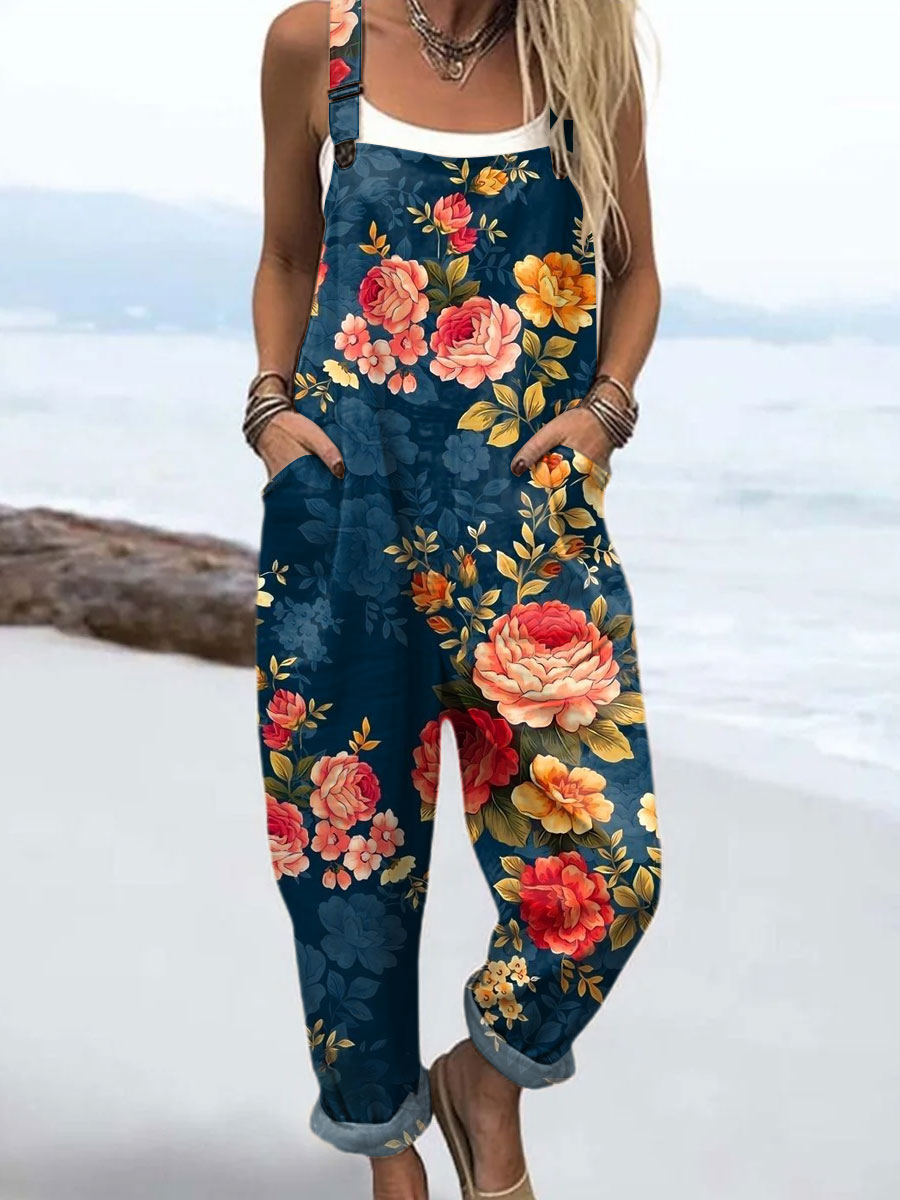 Women's Vintage Floral Art  Print Casual 100% Cotton Wide Leg Jumpsuit