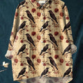 Women's Vintage Floral Raven Pattern Art Print Casual Cotton And Linen Ruffle Shirt