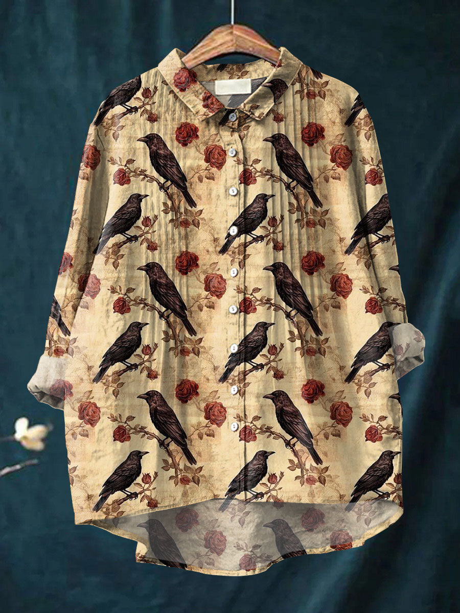 Women's Vintage Floral Raven Pattern Art Print Casual Cotton And Linen Ruffle Shirt