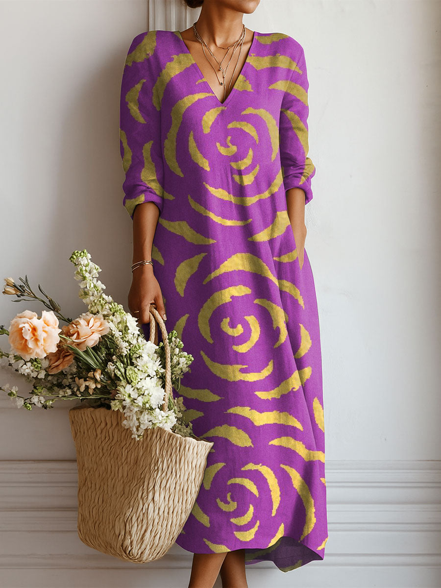 Women's Vintage Flowers Pattern Art Print Linen Pocket Dress