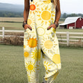 Women's Fashion Sun Art Print Casual 100% Cotton Wide Leg Jumpsuit