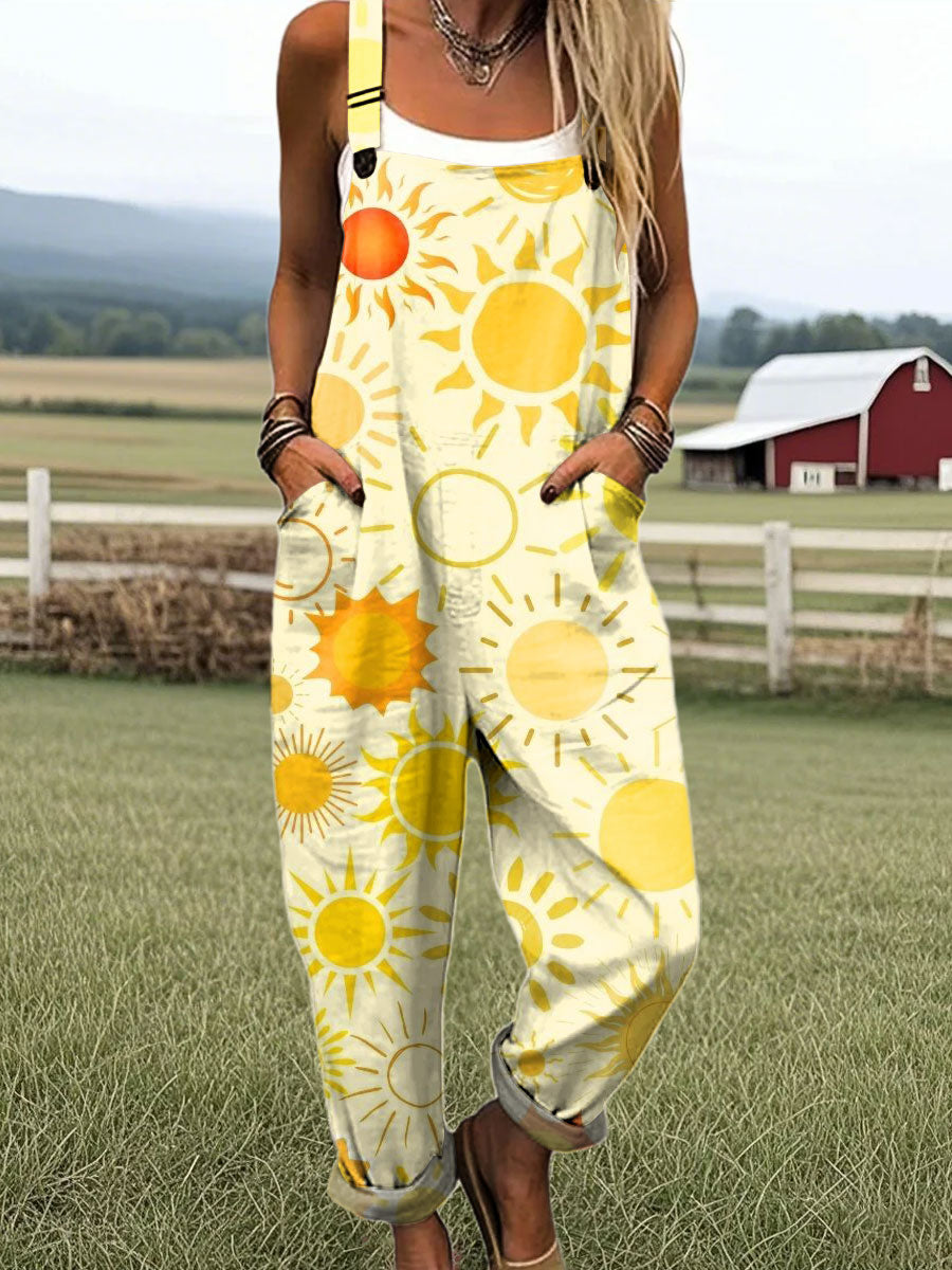 Women's Fashion Sun Art Print Casual 100% Cotton Wide Leg Jumpsuit