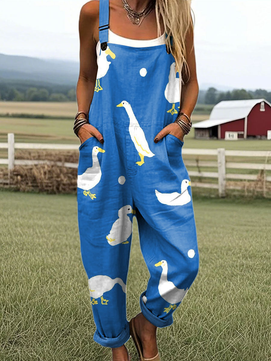 Women's Abstract Duck Art Print Casual 100% Cotton Wide Leg Jumpsuit