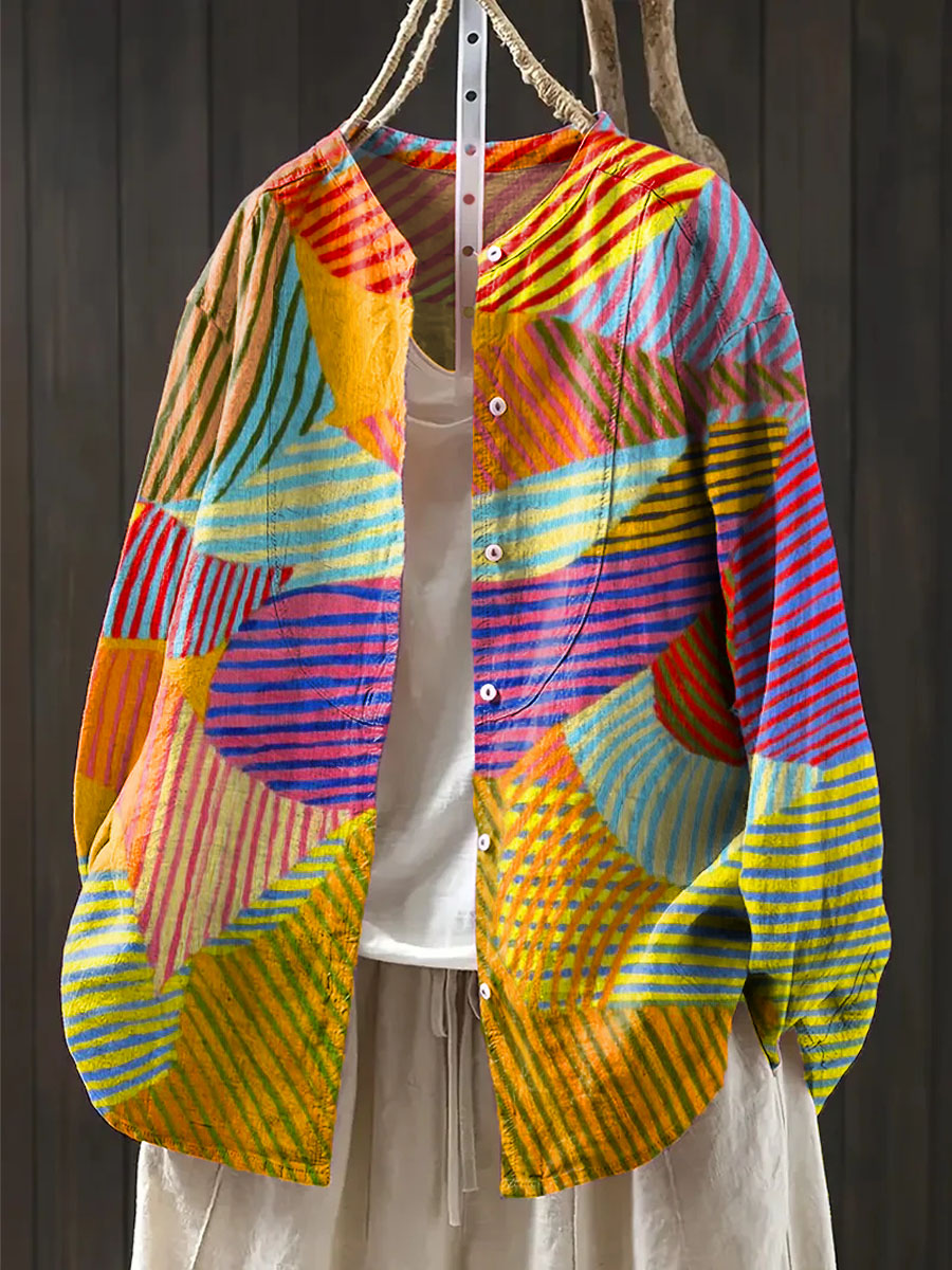 Women's Abstract Pattern Art Print Casual Cotton And Linen Shirt