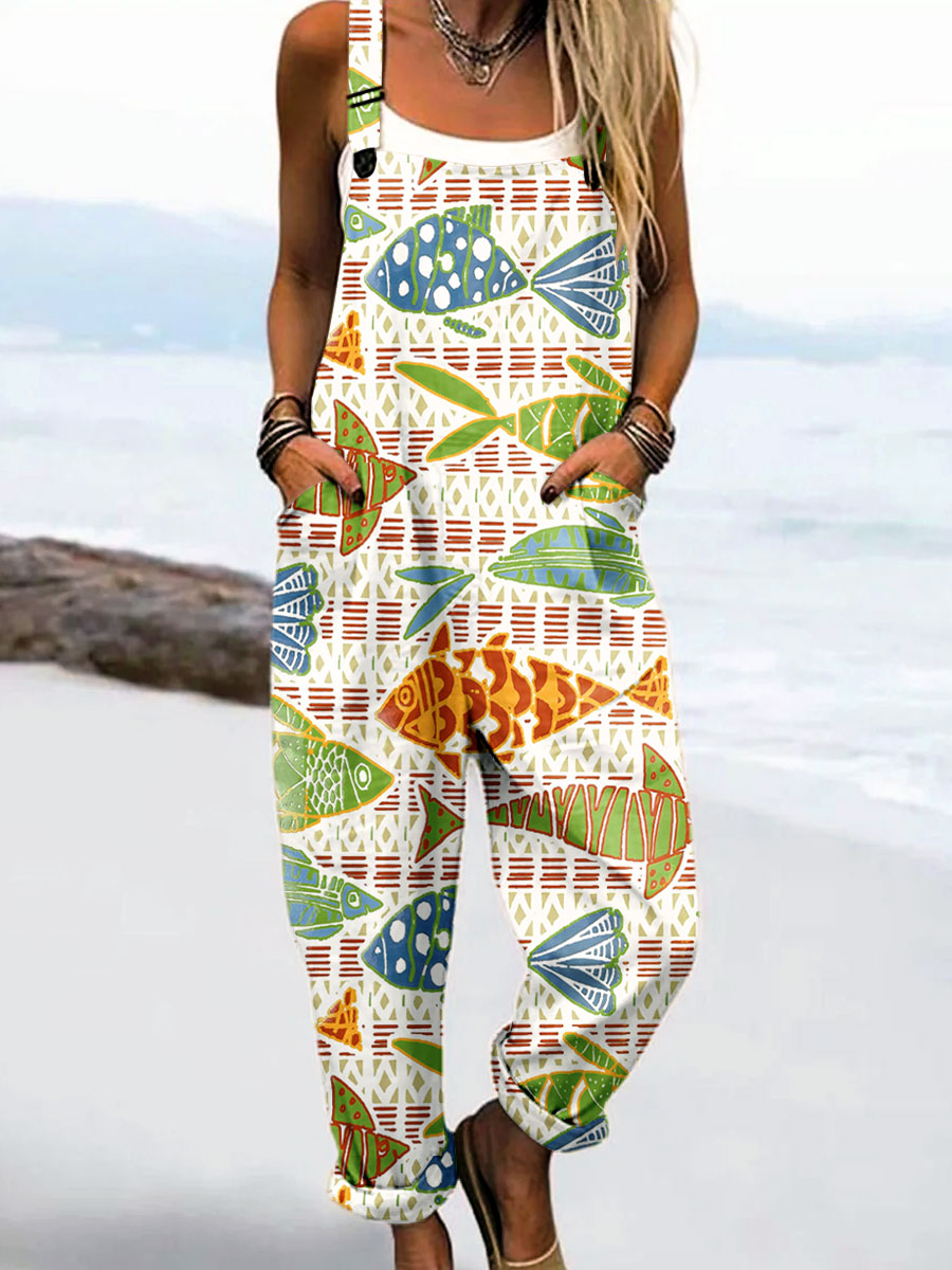 Women's Vintage Fish Art Print Casual 100% Cotton Wide Leg Jumpsuit