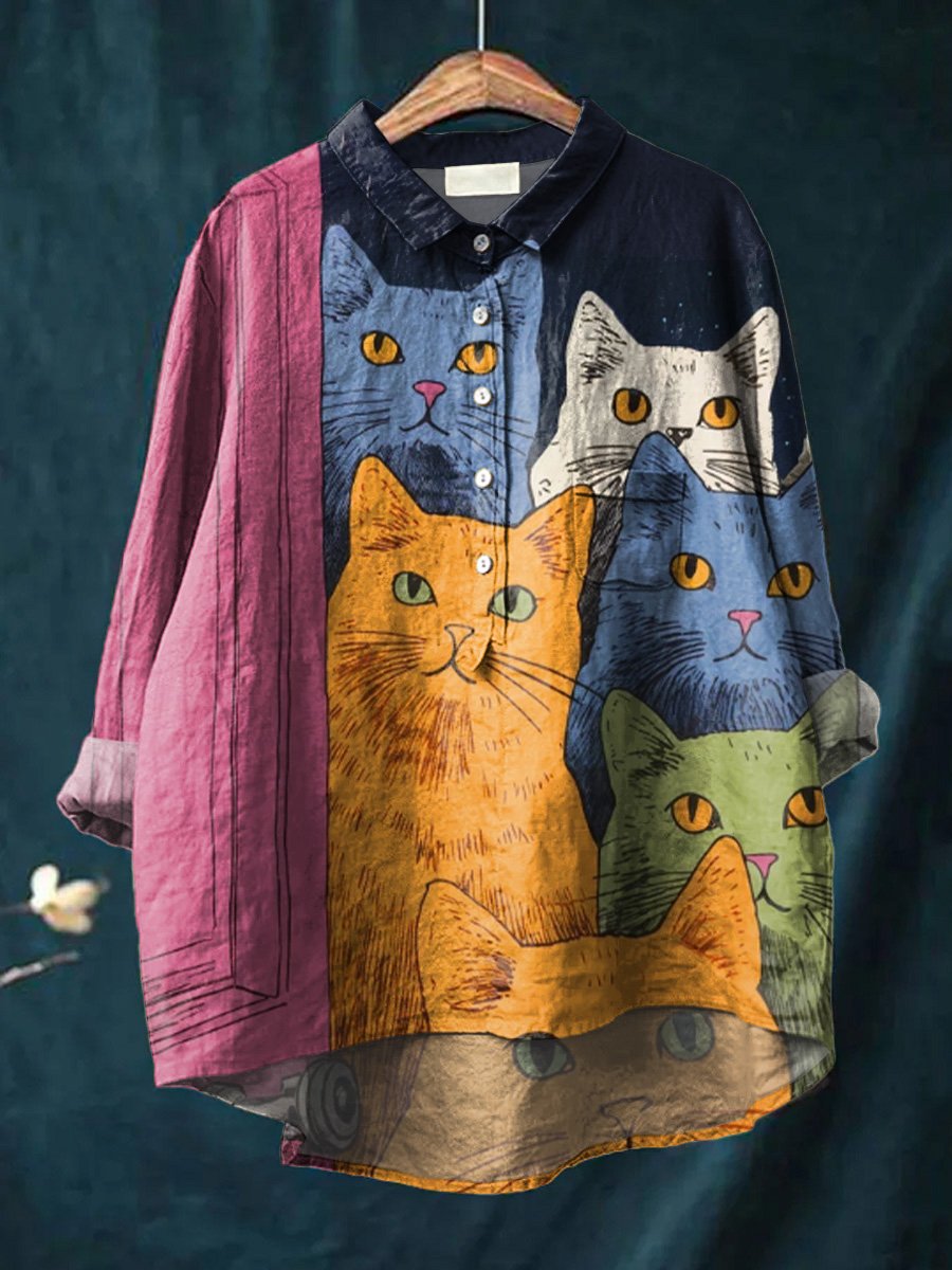 Women's Retro Door Back Door Cute Cats Print Casual Cotton And Linen Shirt