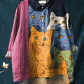 Women's Retro Door Back Door Cute Cats Print Casual Cotton And Linen Shirt